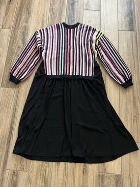 Minimal Girls Black Dress with Pink Multi-Stripe Knit Top